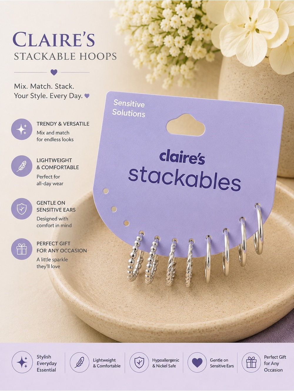 Claire’s Stackable Sliver Hoop Earring Set